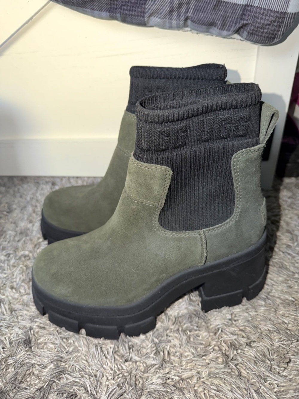 UGG Olive Green Suede Platform Chelsea Ankle Boots